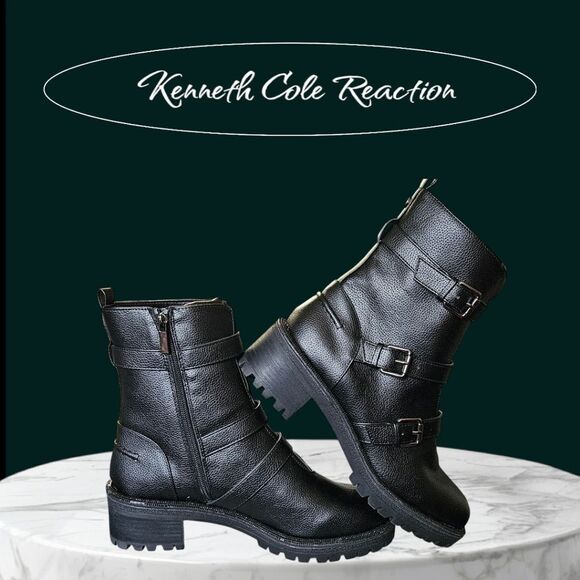 KENNITH COLE REACTION TATE Faux Leather Rhinestone Womens Motorcycle Boots NIB 8 - Picture 1 of 16